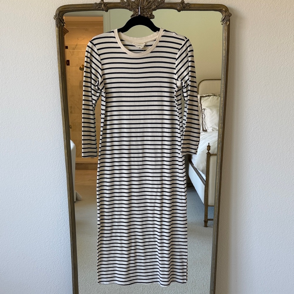 Striped Long Sleeve Maxi Dress in White and Navy